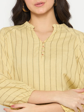 Madame Striped Split Crew Mustard Yellow Top