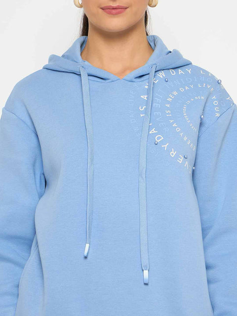 Madame Placement Printed Pearl Detailed Powder Blue Sweatshirt