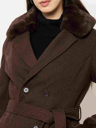 Madame Notch Lapel Neckline Brown Belted Long Coat