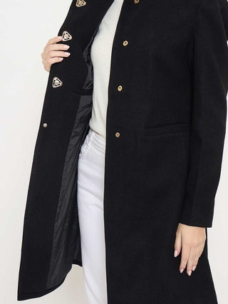 Madame Button Up Solid Black Long Coat