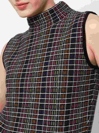 Madame Multicolored Chequered Tweed Black Funnel Neck Top