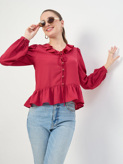Madame Maroon Frill Sleeve Ruffle Neck Top