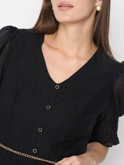 Madame Textured Belted Black Mini A Line Dress