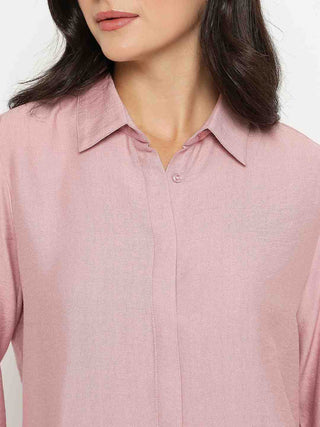 Madame Textured Solid Pink Rayon Blend Shirt