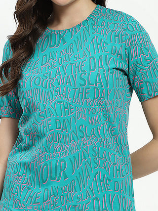 Madame Typographic Print Sea Green Cotton T-Shirt