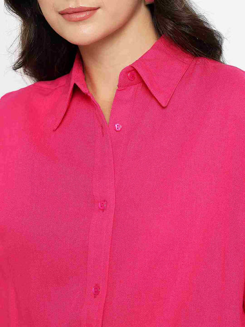 Madame Linen Blend Solid Hot Pink Shirt