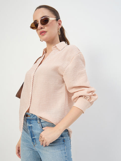 Madame Beige Ruched Sleeve Full Sleeve Shirt
