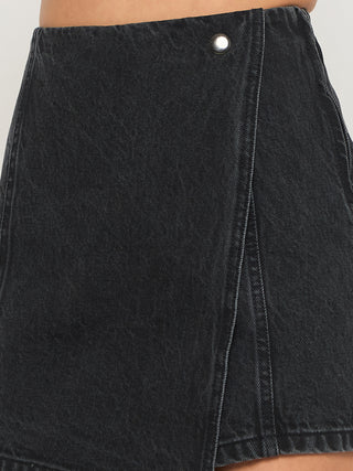 Madame Asymmetrical Wrap Built-in Shorts Black Denim Skirt