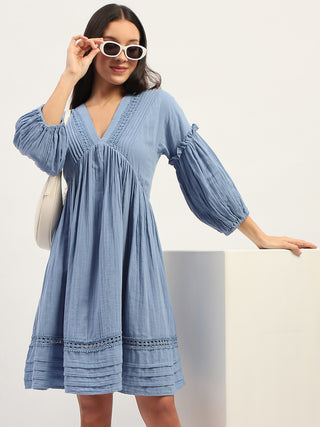 Madame Puff Sleeve Fit And Flare Cotton Blue Midi Dress