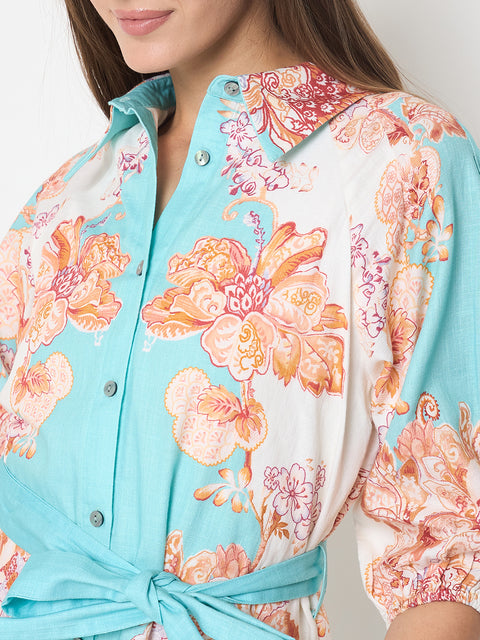 Madame Blue Colorblock Floral Cotton Midi Shirt Dress