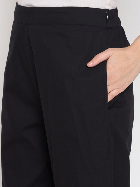 Madame Floral Embroidery Wide Leg Black Cotton Trousers