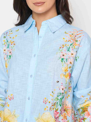 Madame Printed Shirt and Trousers Blue Cotton Co-ord Set