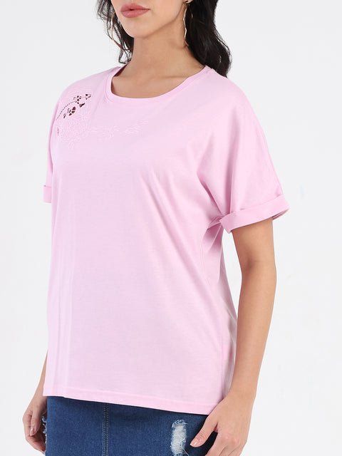 Madame Embroidery Cutwork Detail Solid Lilac Cotton T-shirt