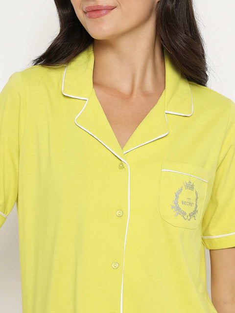 mSECRET Embossed Top and Bottom Lime Yellow Cotton Night Suit