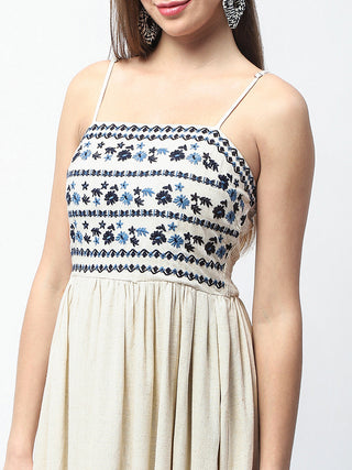 Madame Embroidered Off White Maxi Rayon Blend Dress