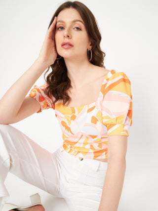 Madame Marble Print Square Neck Tangerine Orange Crop Top