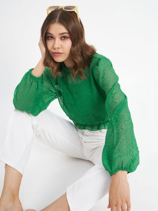 Madame Textured Swiss Dot Detail Green Peplum Top