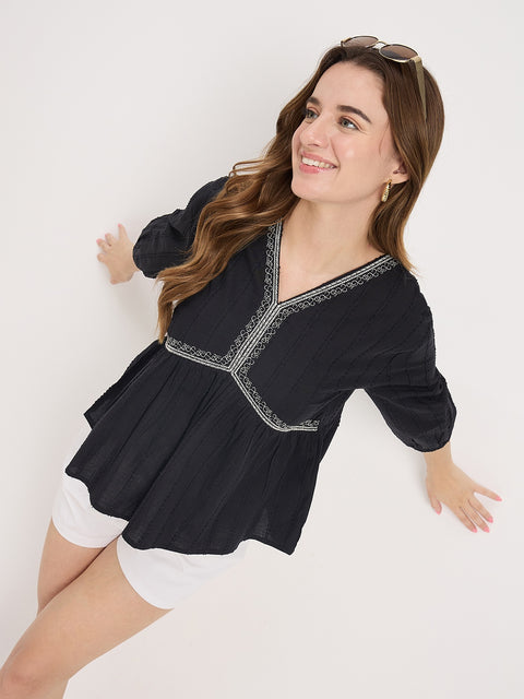 Madame Black Cotton Ruched V-Neck Puff Sleeve Top