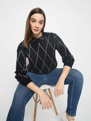 Madame Geometric Print Acrylic Blend Black Sweater