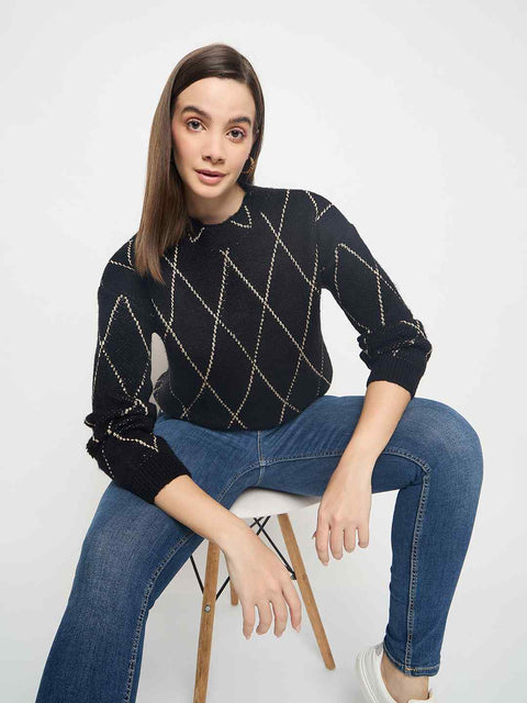 Madame Geometric Print Acrylic Blend Black Sweater