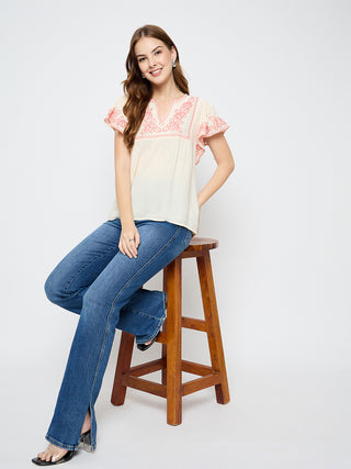Madame Embroidered Rayon Blend Beige Top