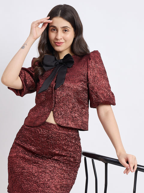 Madame Textured Maroon Puff Sleeve Top