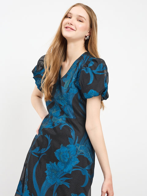 Madame Textured Teal Flared Dress