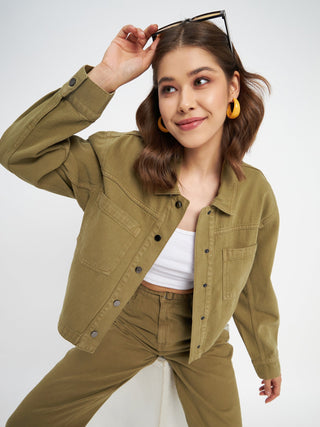 Madame Solid Olive Green Denim Jacket