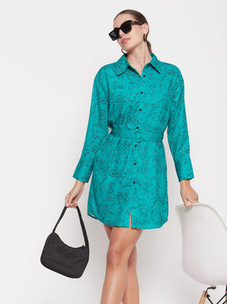 Madame Disney Printed Belted Green Mini Dress