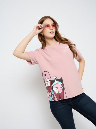 Madame Graphic Print Cotton Blend Pink T-shirt