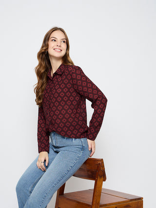Madame Geometric Print Wine Red Shirt