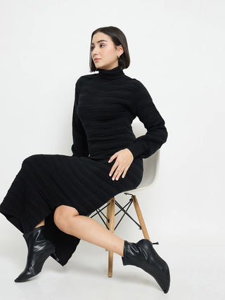 Madame High Neck Black Knitted Midi Dress