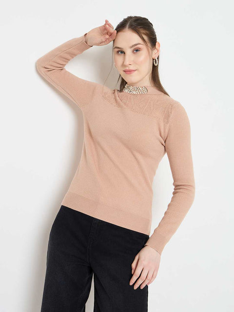 Madame Mock Neck Embellished Peach Sweater