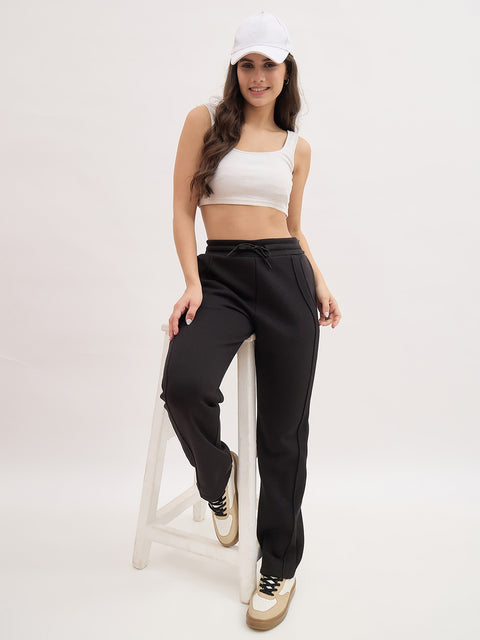 Madame Black Cotton Track Pants with Drawstring