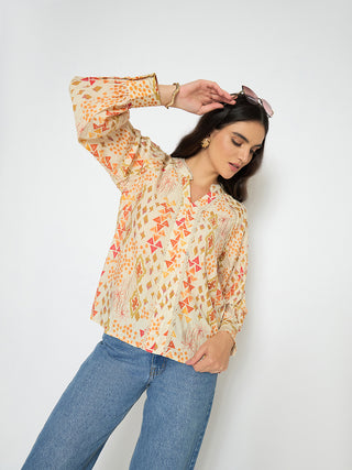 Madame All Over Print Beige Rayon Blend Top