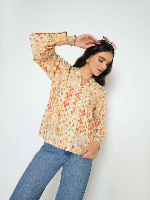 Madame All Over Print Beige Rayon Blend Top