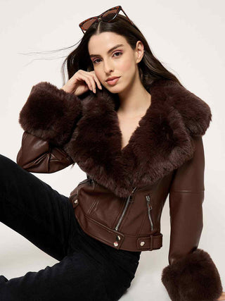 Madame Faux Fur Notch Lapel Collar Brown PU Leather Jacket