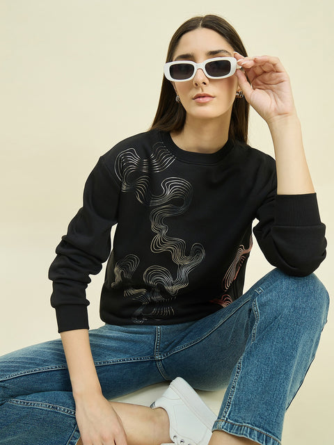 Madame Black Cotton Blend Printed Sweatshirt