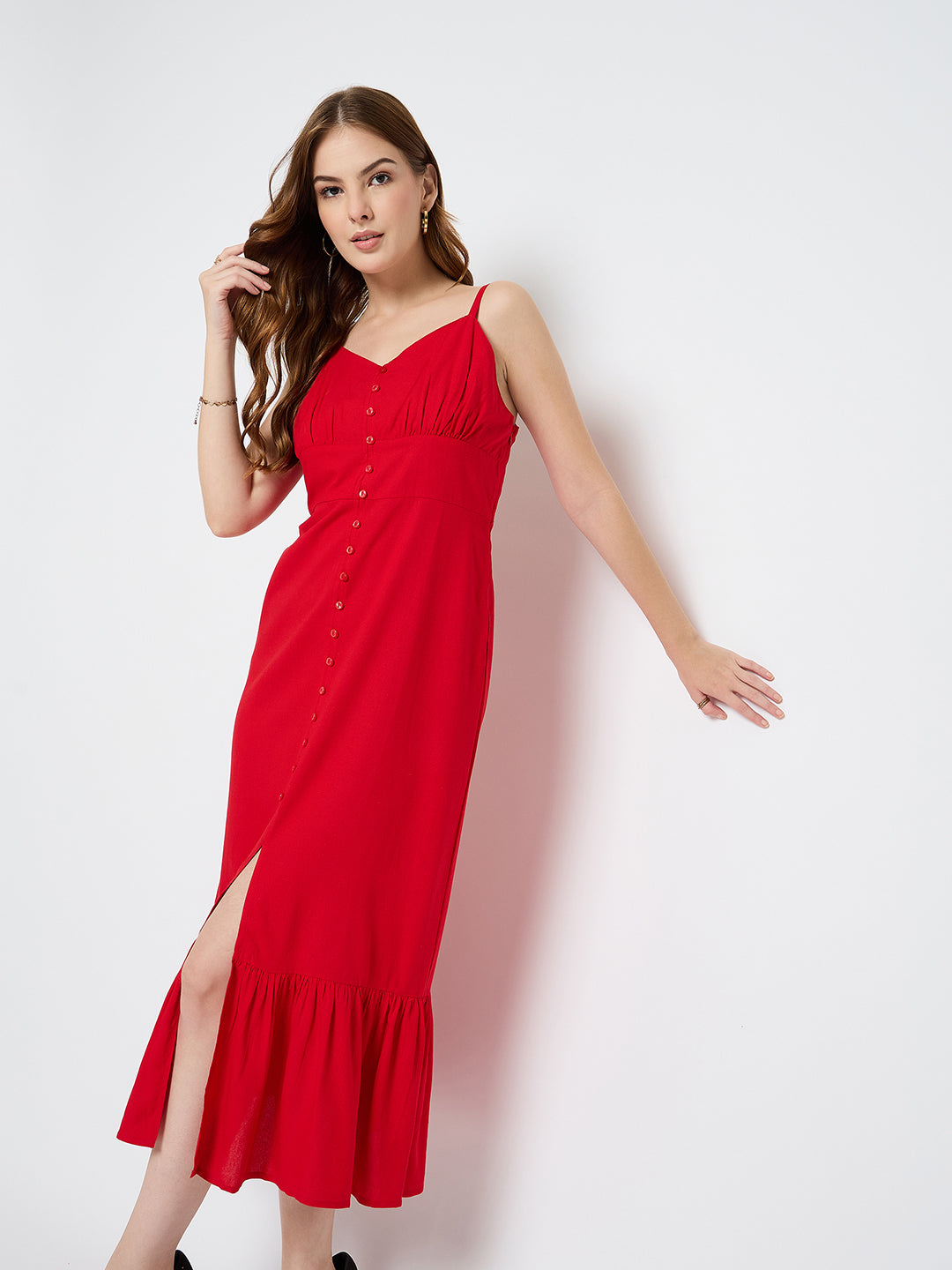 Madame Sleeveless Tiered Red Maxi Rayon Dress color swatch