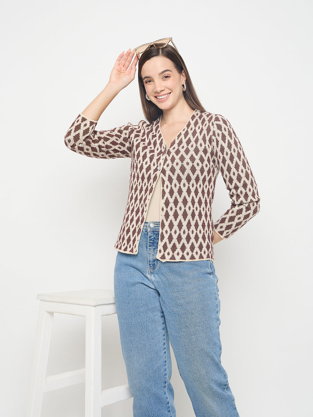 Madame Geometric Print Button Up Brown Cardigan color swatch