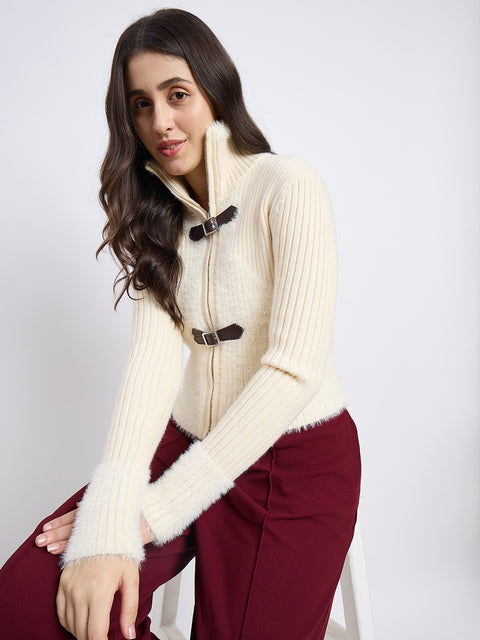 Madame Bow Accented High Neck Beige Sweater