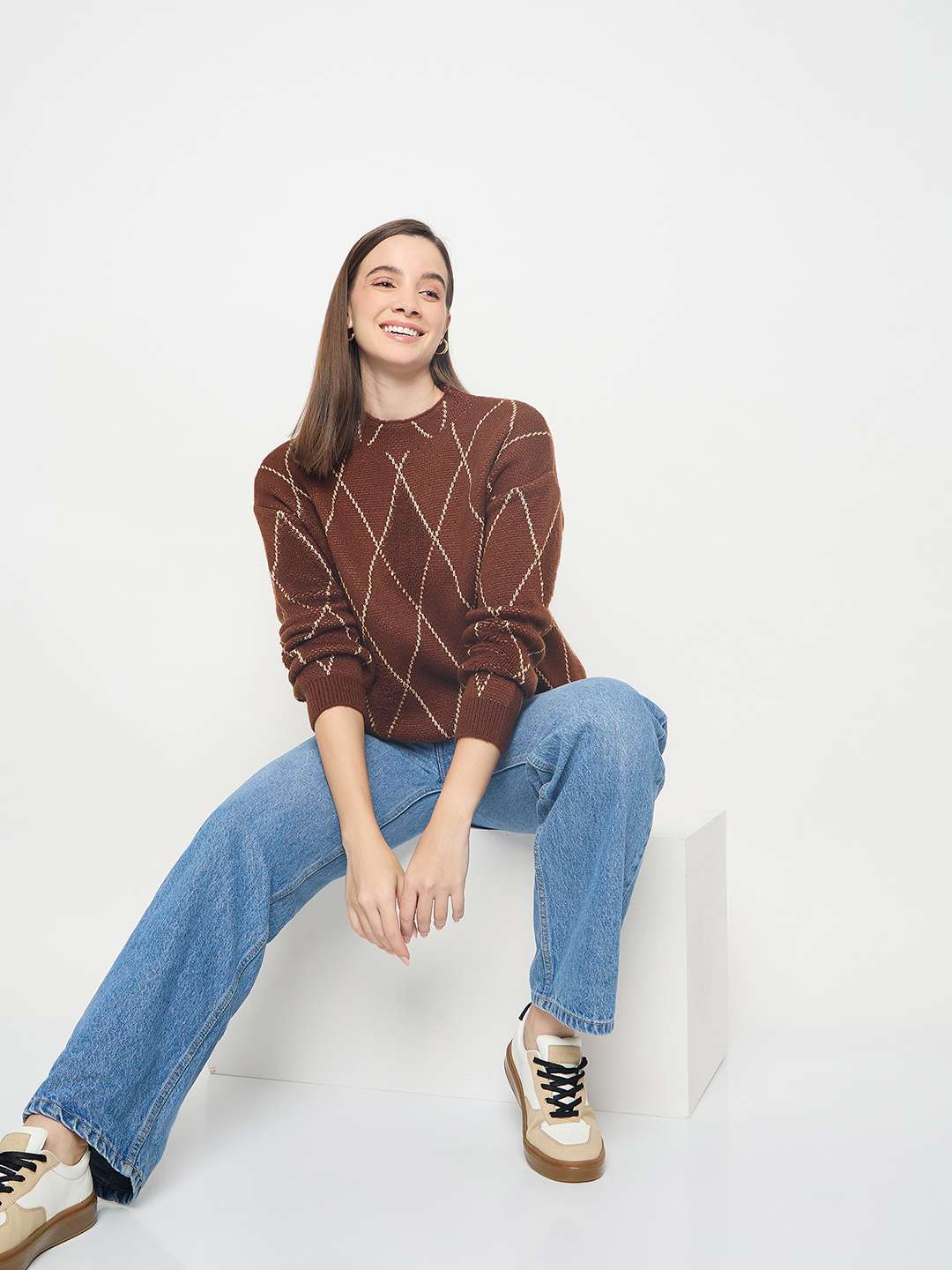 Madame Geometric Print Acrylic Blend Coffee Brown Sweater color swatch