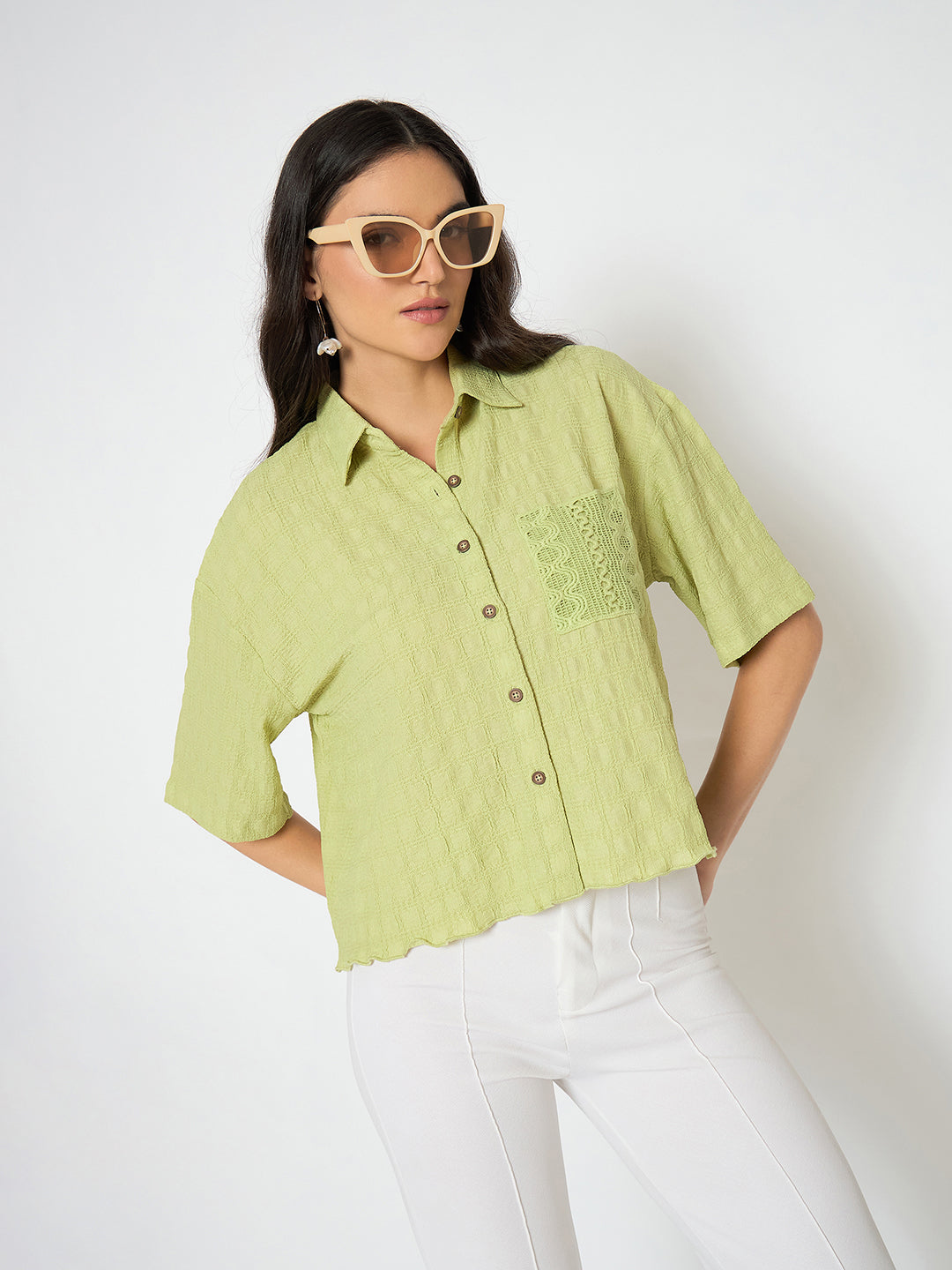 Madame Textured Pocketed Light Green Shirt color swatch
