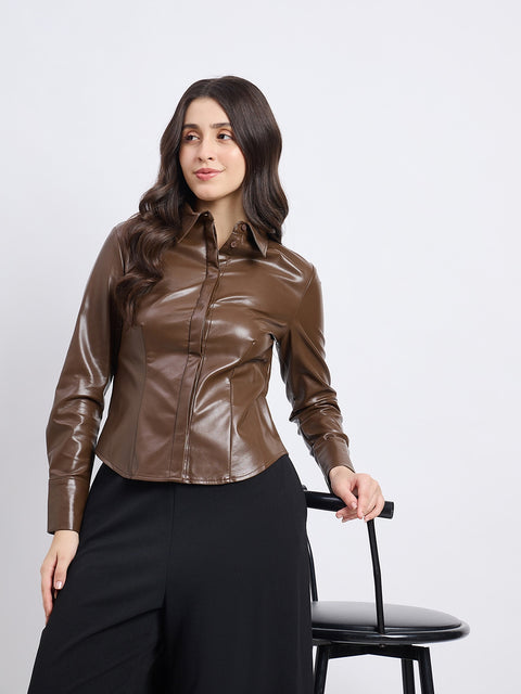 Madame Solid Brown PU Blend Shacket