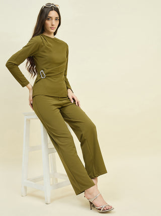 Madame Solid Olive Top with  Buckle Accent