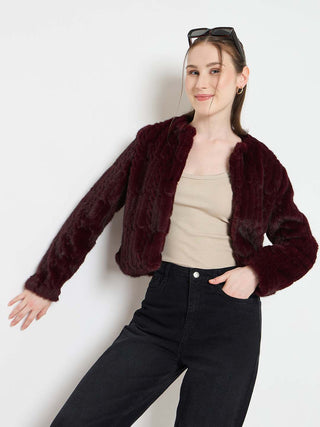 Madame Round Neck Embellished Faux Fur Blazer
