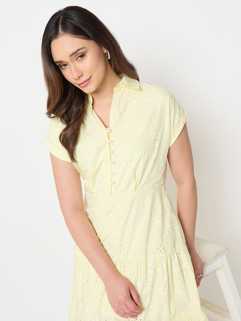 Madame Butter Yellow Printed Cotton Tiered Dress