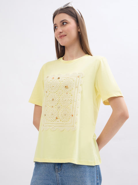 Madame Thread Embroidery Patchwork Yellow Cotton T-Shirt