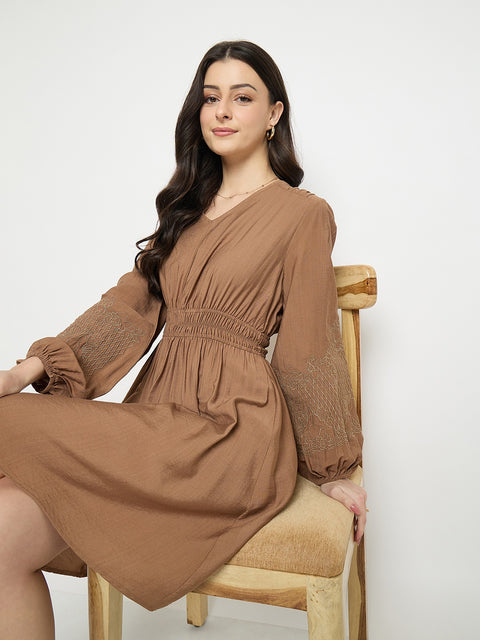 Madame Brown Rayon Nylon Blend Embroidered Dress