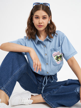 Madame Graphic Print Light Blue Cotton Shirt